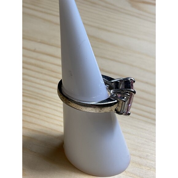 Pink Stone Silver-Tone Ring With Rectangular Center Stone & Clear Accents - Picture 2 of 4